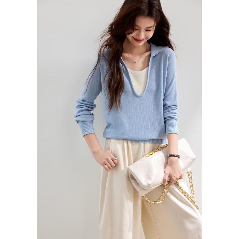 VICTORIA&VERA Women's Wool Blend Faux Two-Piece V-Neck Knit Sweater