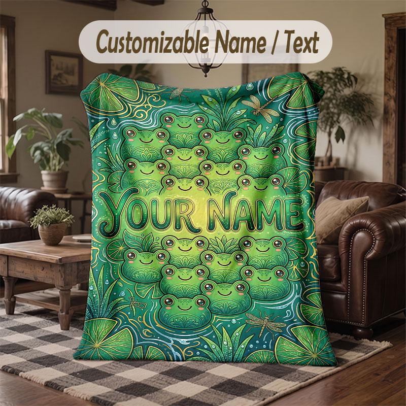Frog Theme Throw Blanket Custom Name Text Personalized Blanket Soft Cozy Blanket for Home Sofa Bed