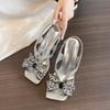 Fashion Rhinestone Cutout Bow Back Empty Sandals Women's Outside Wear Summer New Square Toe Fashion Non-slip Stiletto Heels
