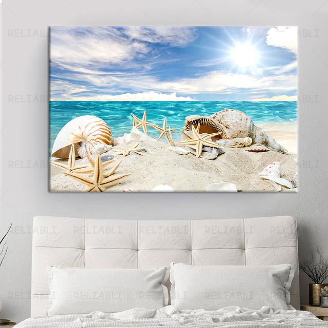 Пляжный морской пейзаж, холст, картина, ракушка, морская стена, искусство, морская звезда, ракушки, настенные панно, плакат для гостиной, спальни, офиса, декор
