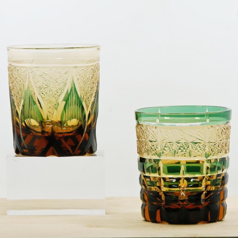 Handmade Japanese Style Edo Kiriko Whiskey Glass Tumbler Colored Hand Cut To Clear Glasses Color Tinted Old Fashioned Glasses