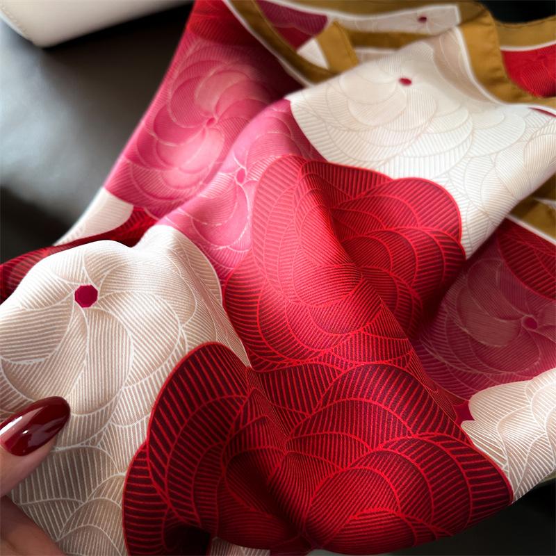 Korean version of camellia 71cm small square scarf spring and summer new simulated silk printed silk scarf women's thin scarf sun protection headscarf