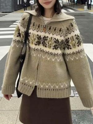 Женский кардиган-свитер Sw из исландской шерсти, с узором Fair Isle и цветовыми блоками, на молнии, зимний, новый стиль, S4MY064