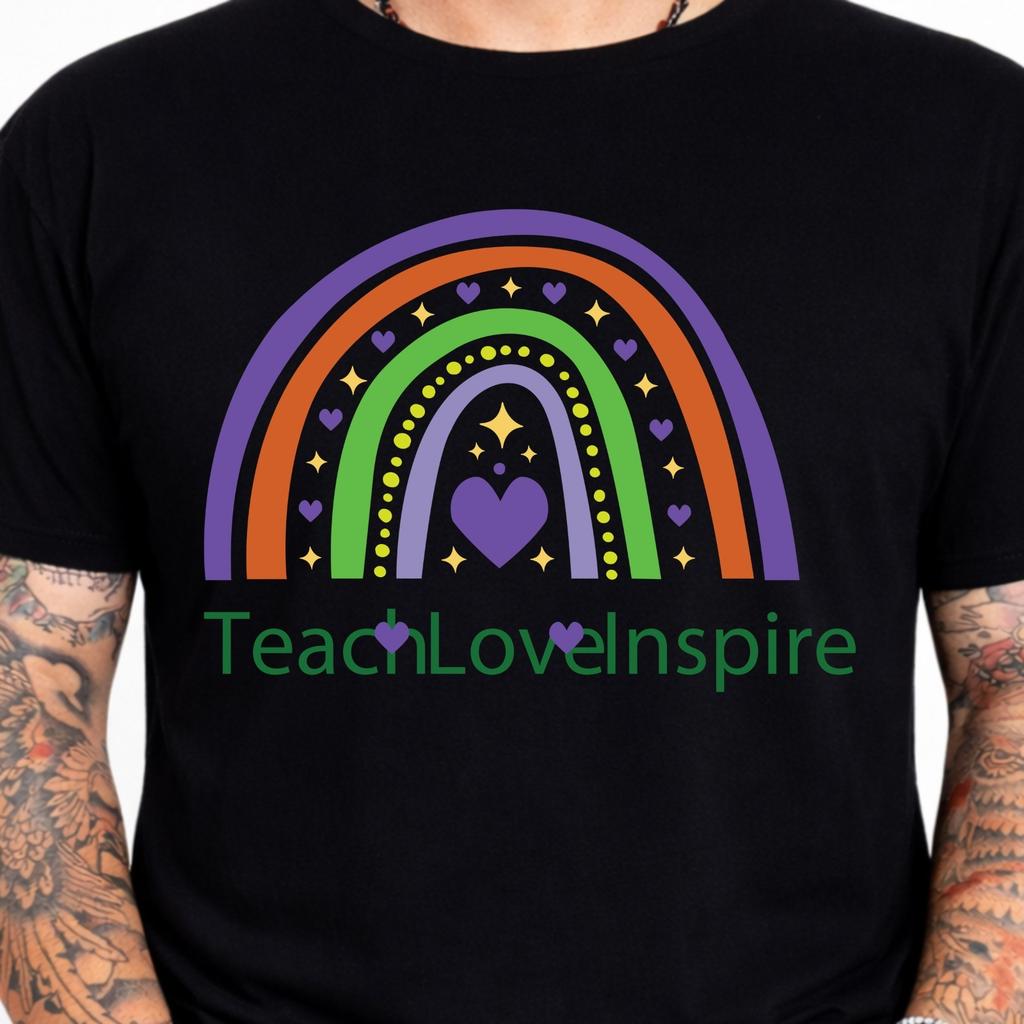 Teach Love Inspire Rainbow Hearts School Teacher Inspirational Graphic T-Shirt.