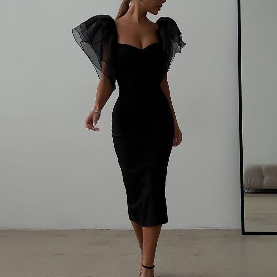 Европейское и американское облегающее миди-платье с сетчатыми рукавами-рюшами для женщин