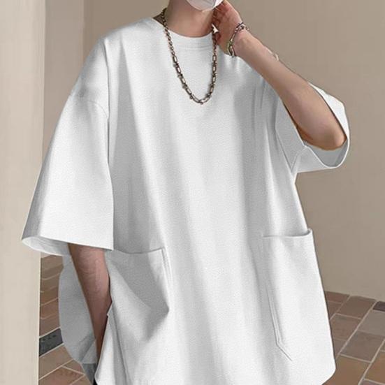 Summer Men T-shirt Round Neck Loose Mid Length Solid Color Plus Size Pockets Half Sleeves Streetwear Outdoor Top