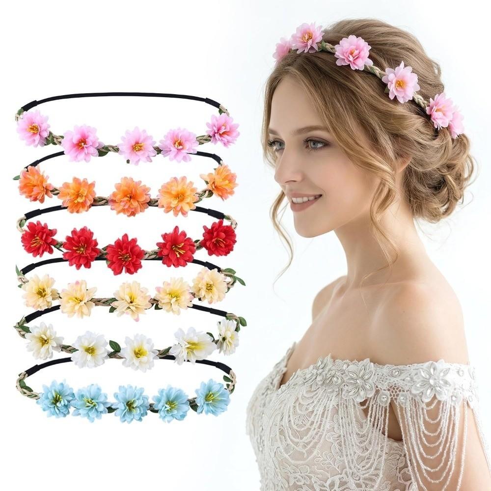 Hand Woven Floral Wreath Crown Adjustable Ribbon Bohemia Garland Headpiece for Photography Props