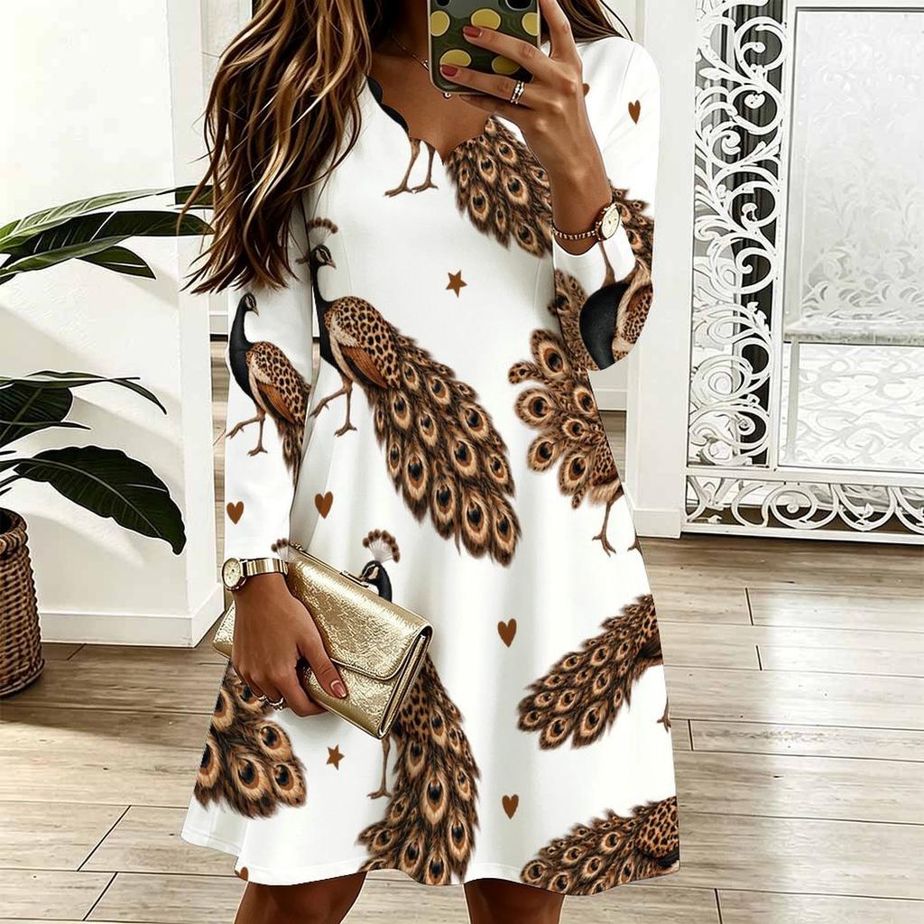 Women Plus Size Scallop V Neck Long Sleeve Peacock Printed White Casual Dress