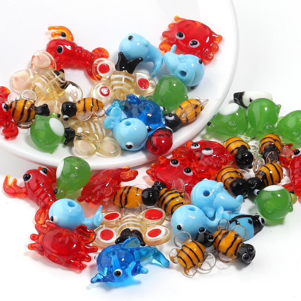 2-10pcs Colored Lampwork Beads Cartoon Crabs Shrimp Fish Animal Shapes Loose Beads For DIY Craft Jewelry Necklace Accessories