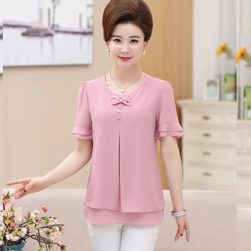 Летняя рубашка среднего возраста, женский топ, большая летняя женская свободная футболка среднего возраста, шифоновая рубашка с короткими рукавами