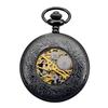 TREEWETO Mechanical Manual Winding Pocket Watch Roman Numerals Skeleton Black with Chain