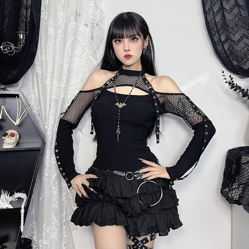 AltGoth Mall Gothic Sexy T-shirt Women Streetwear Harajuku Y2k E-girl Mesh Patchwork Hollow Out Long Sleeve Halter Crop Tee Tops