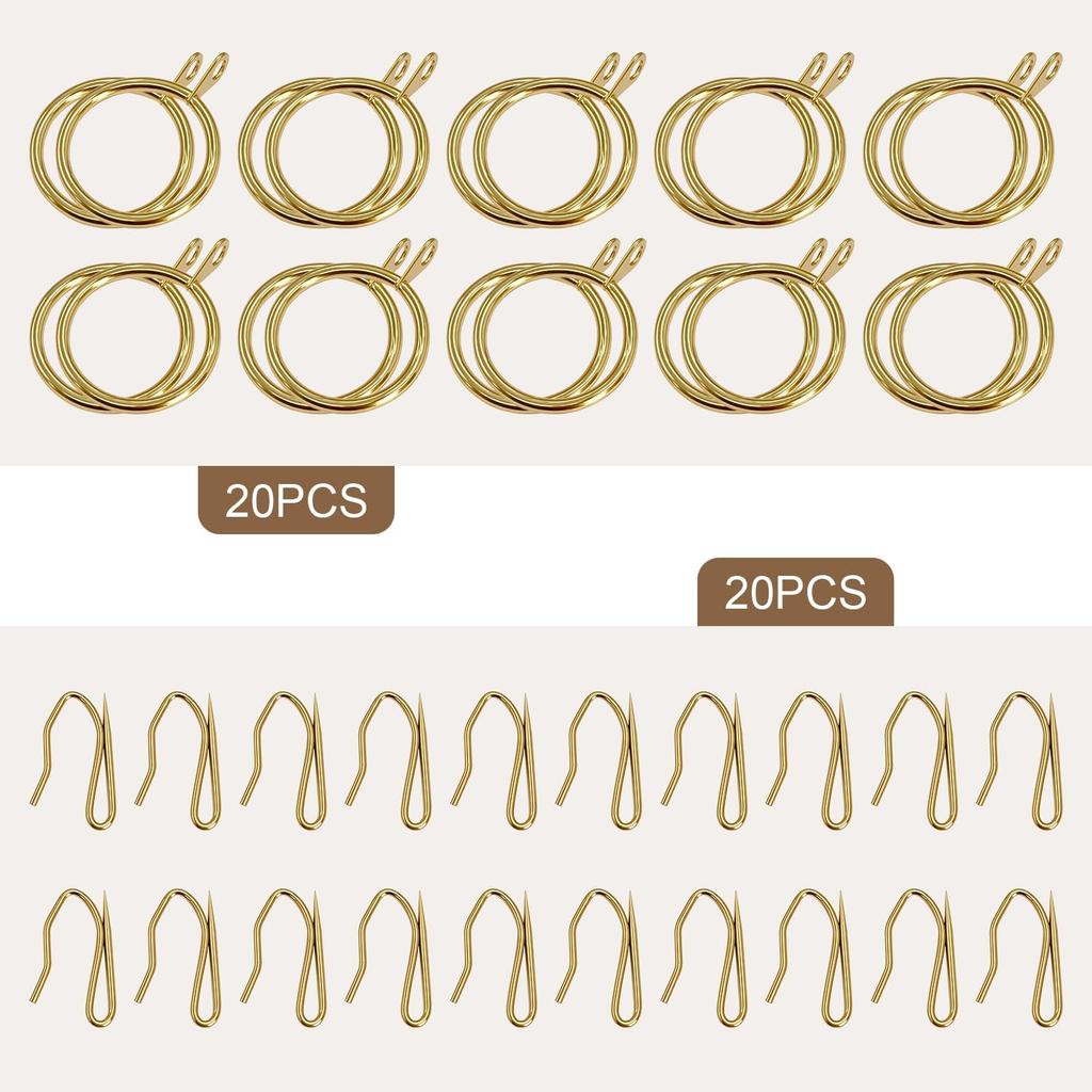 20 Packs Gold Curtain Rings and Shower Curtain Hooks Set, 30mm/1.18 Inch Internal Diameter Metal Drapery Pin Hooks for Window Door Drapes (Gold)