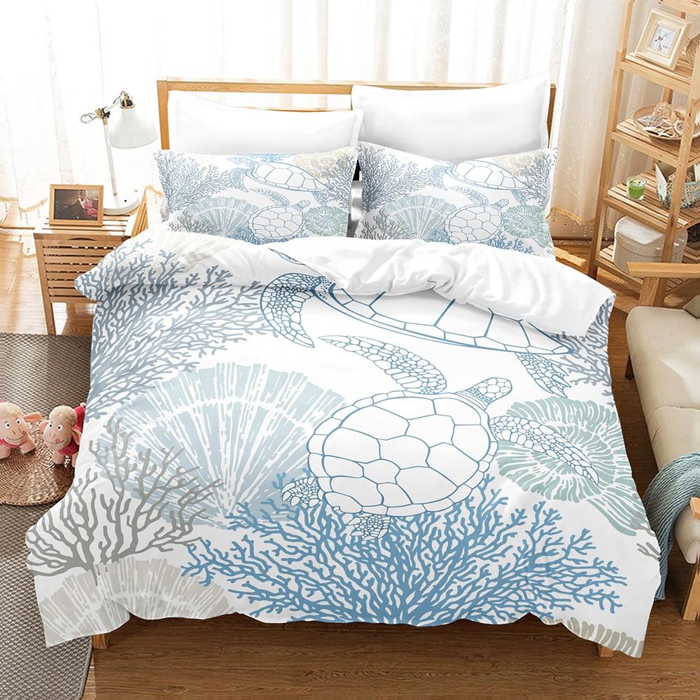 Blue Sea Turtle Print Bedding Set 3PCS Full Queen King Size Summer Travel Soft Microfiber for Kids Boys Girls Room Decor