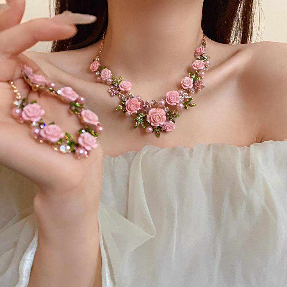 Жемчужный браслет с цветком, серьги-пусеты со стразами, роскошное ожерелье с цветком розы, вечеринка