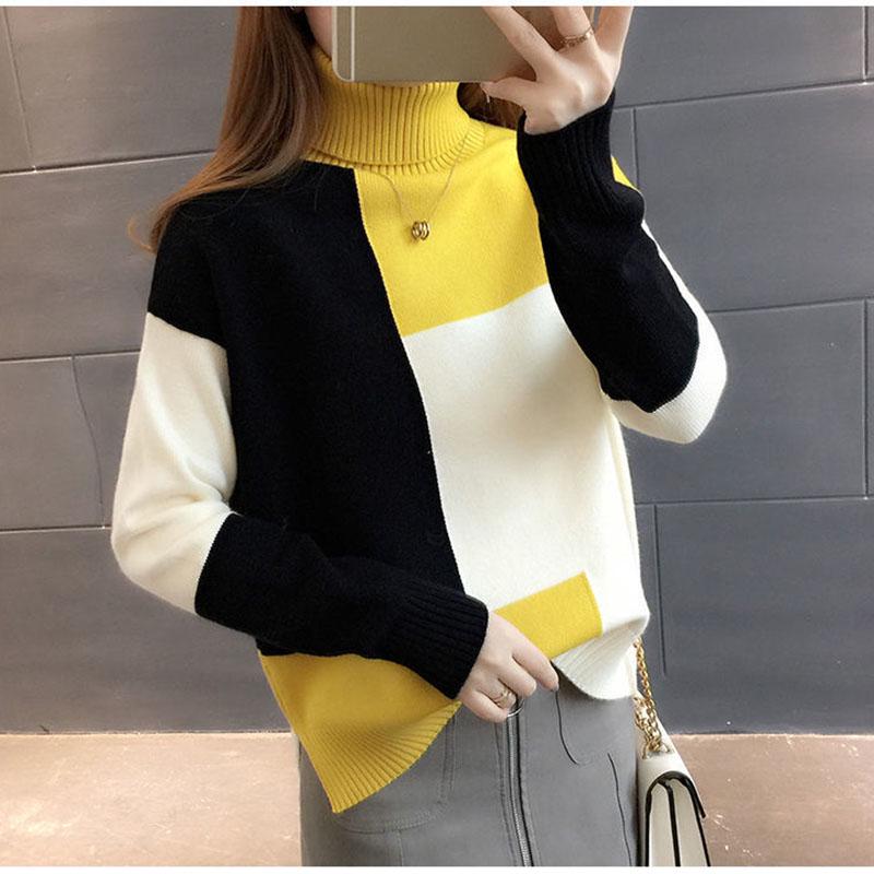 Женский вязаный пуловер, свитер, осень-зима, теплая водолазка, вязаная одежда, пуловер с цветными блоками, свободный повседневный пригородный пуловер