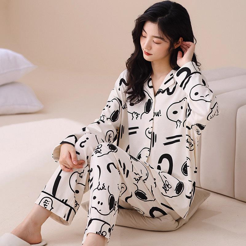 Cartoon cute pajamas couple outfit one man and one woman spring and autumn pure cotton long-sleeved thin teen men's loungewear