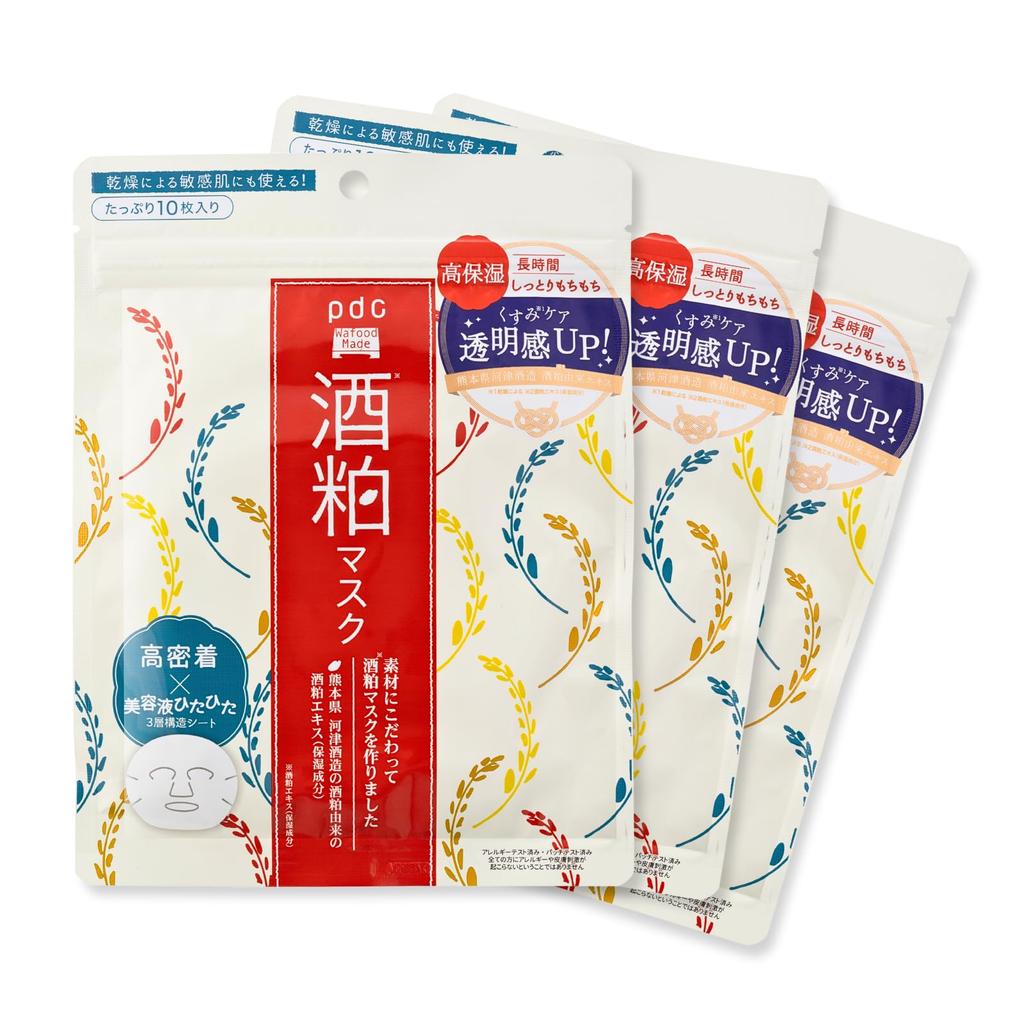 Wafood Made Sake Lees Набор из 3 листов маски для ухода за кожей с ферментированным рисом Dull High Serum Sake Lees Rice, 10 штук, Маска, Уход, Увлажнение, Прозрачный,