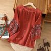 Large Size Cotton Linen T-shirt Summer Loose Casual Embroidery Leisure Single-breasted Short-sleeved Tops Women