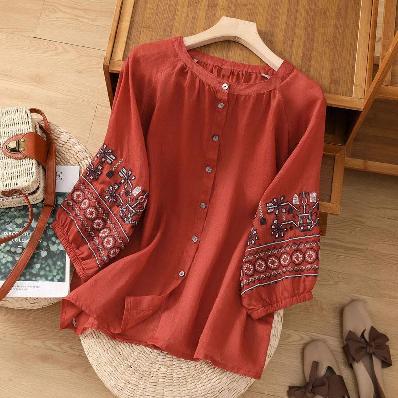 Large Size Cotton Linen T-shirt Summer Loose Casual Embroidery Leisure Single-breasted Short-sleeved Tops Women