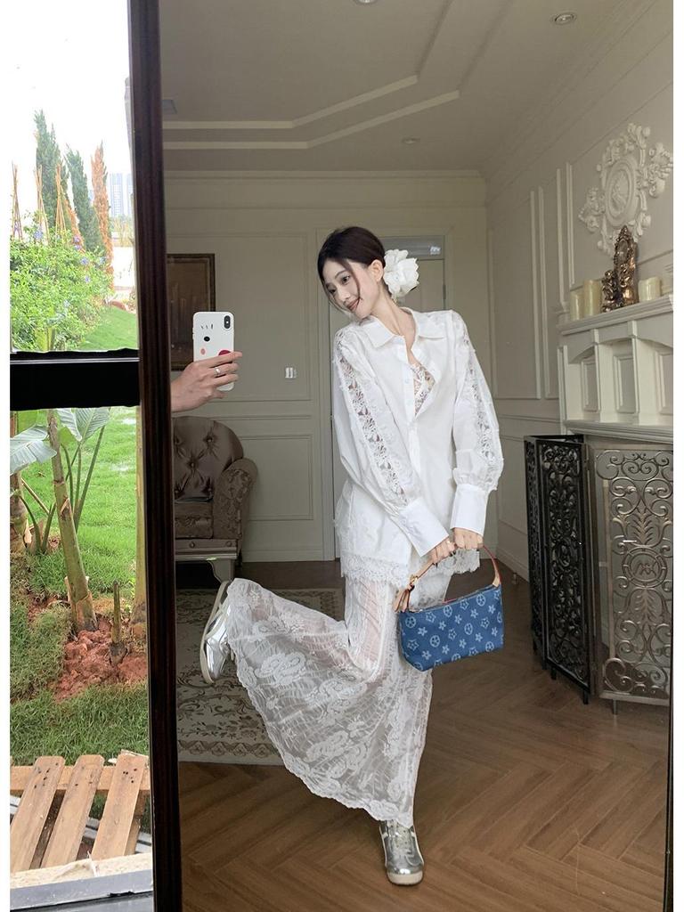Korean Lace Long-Sleeved Shirt with Suspenders & White Fishtail Maxi Skirt - Women's Three-Piece Set for Spring/Summer 2025