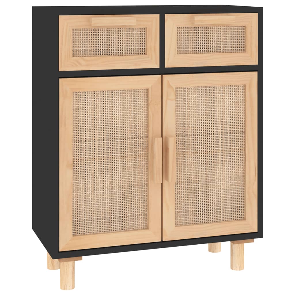 Sideboard Black 60x30x75 cm Solid Pine Wood and Natural Rattan