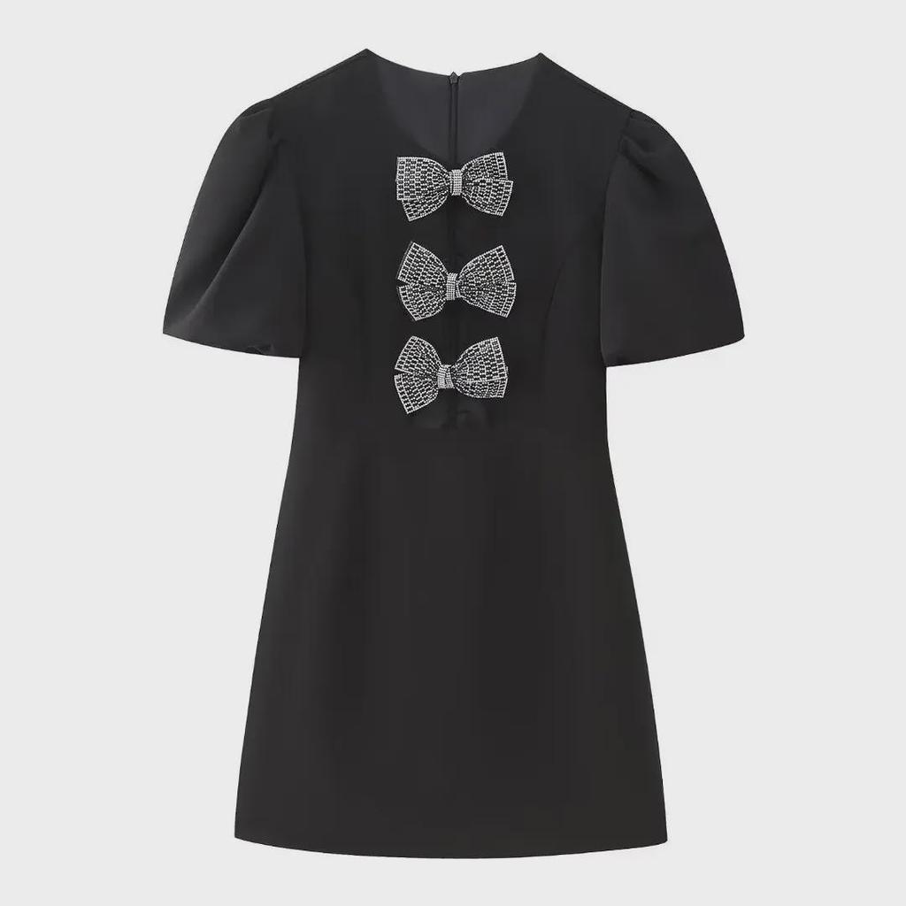 2024 Women's Puff Sleeve Round Neck Bowknot Short Dress In European and American Style