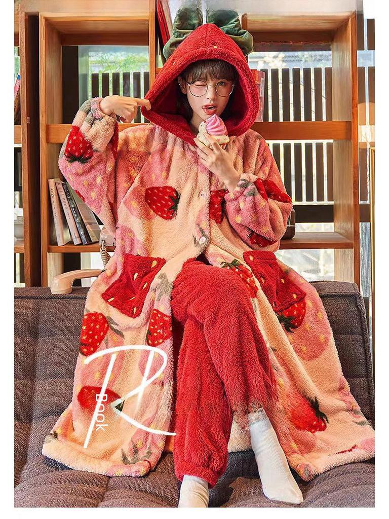 2023 Sweet Strawberry Плотный коралловый флисовый халат-комплект - Cozy Home Loungewear