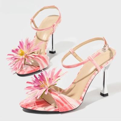 Модные розовые сандалии на каблуке с цветочным декором Женская мода Ремешок на щиколотке Пряжка Дизайнерская обувь Элегантная обувь для вечеринки с острым носком
