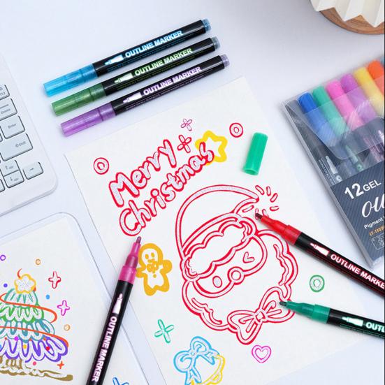 Dual-Tip Metallic Outline Pens Fluorescent Marker with Colorful Borders Smooth Tip Highlighters for Cards Crafts & Notes