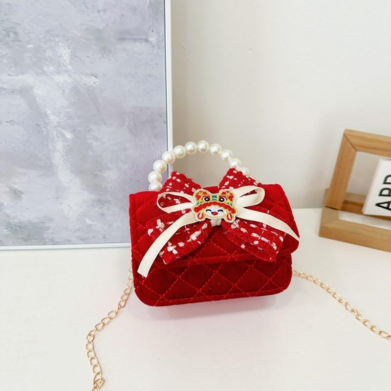 Red Delightful Cute Bowknot Childrens Handbag With Trendy Chain And Pearl Handle