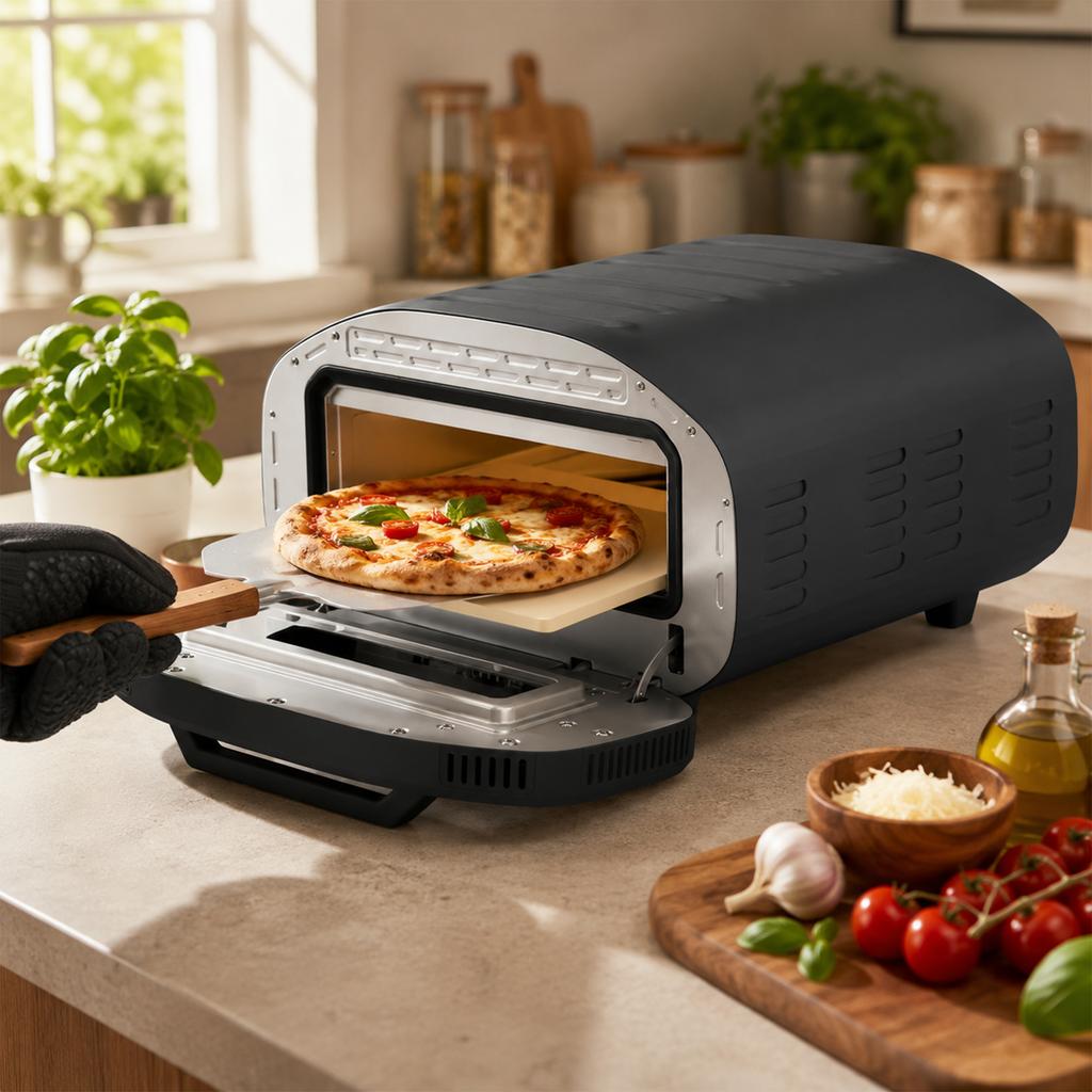 Indoor Electric Pizza Oven, 2200 W, up to 430C, Ceramic Stone 30.5 cm Diameter, 60-Min Timer, Black