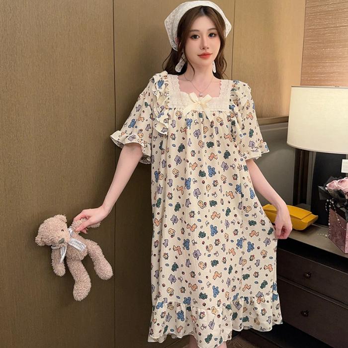 Ночная сорочка с принтом вишни, пижама женская, корейский стиль, рюши, ночное платье, пижама, летняя, с коротким рукавом, домашняя одежда, новинка
