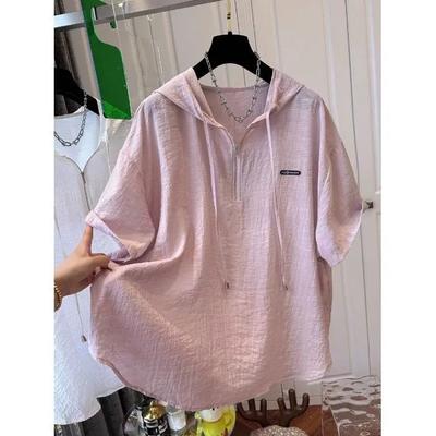 Женская летняя футболка с капюшоном, с коротким рукавом, французский тонкий свободный дизайн, топы, худи, футболка женская