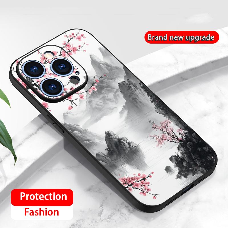 Чехол для телефона с дизайном в стиле китайской тушевой живописи Для iPhone 16 16e 15 14 13 12 11 Plus Pro Max Мягкий черный Ударопрочный чехол
