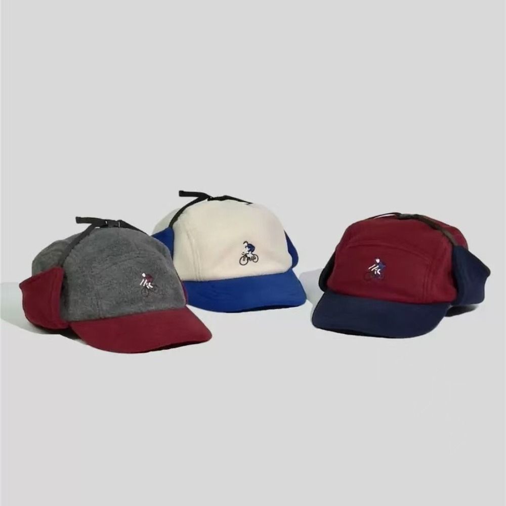 Fashion Patchwork Color Baseball Hats with Ear Flaps Thickened Warm Bomber Cap Biker Hats Autumn and Winter