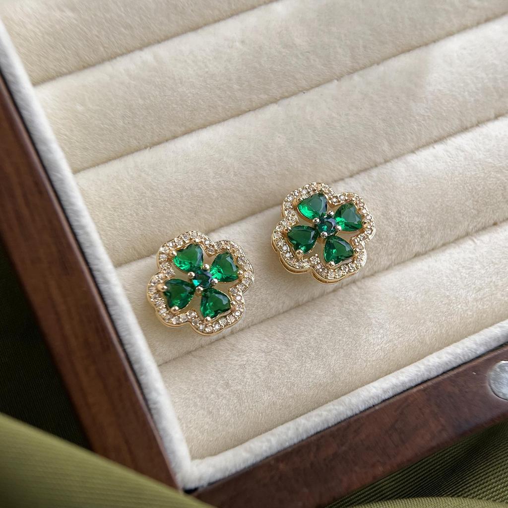 Винтажные серьги-пусеты в виде цветка из циркона оливкового цвета - Ретро придворный стиль с элегантностью тяжелой промышленности для женщин