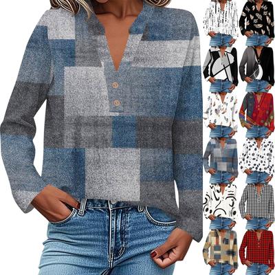 Женская модная и повседневная рубашка с длинным рукавом, V-образным вырезом, на пуговицах, с принтом, блузка, топ