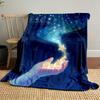 A glowing hand releases radiant stars into a swirling, cosmic night sky. for all seasons blanket lunch break throw gift