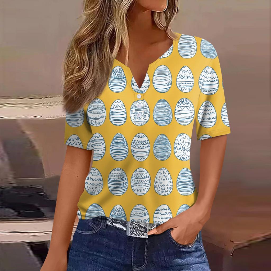 Women's T Shirt Print Button Short Sleeve Daily Weekend Fashion Basic V- Neck Regular Top