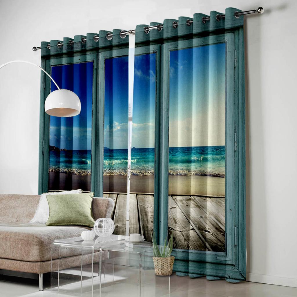 Windows Sea Beach Blue Sky White Clouds Luxury Home Curtains Modern Home Supplies Living Room Bedroom Custom Curtains