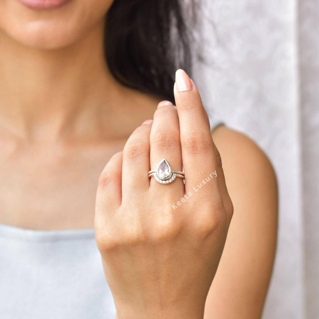 Natural Rose Quartz ring set Pink quartz statement ring with eternity band Sterling silver fashion ring for women Pear cut ring