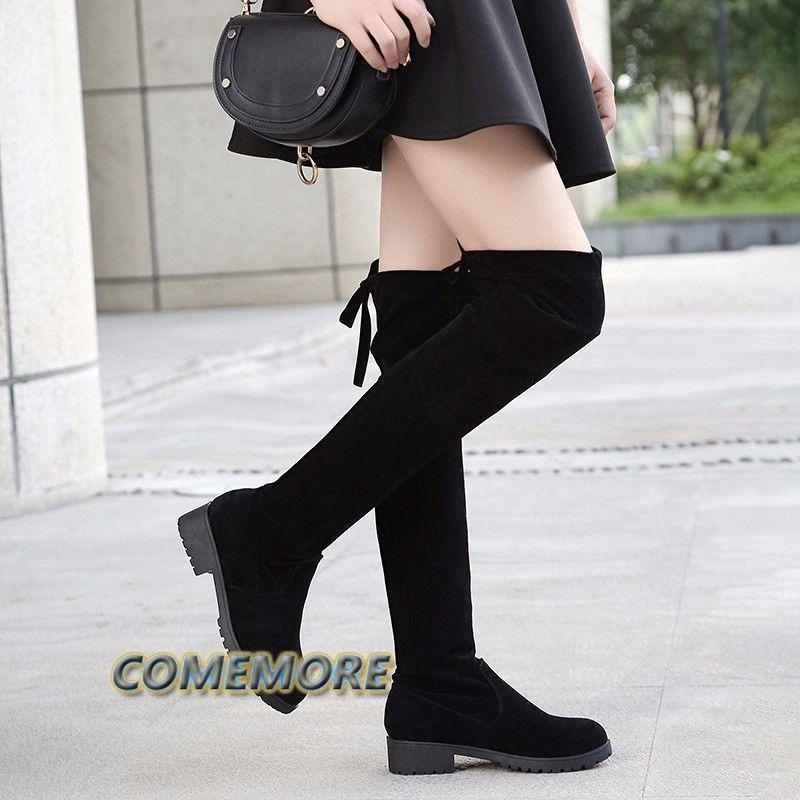 Мода 2024 года, черные высокие сапоги до бедра, женские зимние сапоги выше колена, плоские эластичные сексуальные модные туфли, весна-осень, повседневные