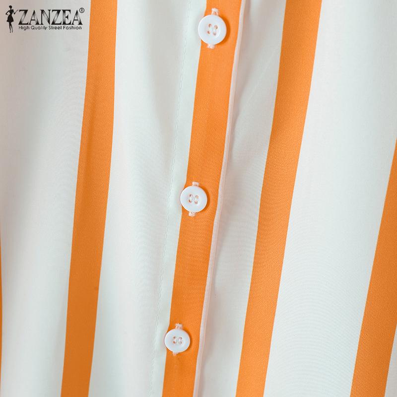 ZANZEA Женские повседневные рубашки с длинным рукавом в полоску и карманами