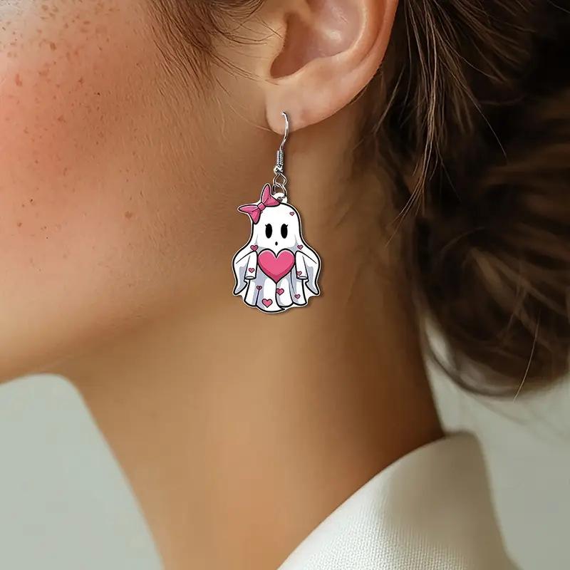 Cross Border Cute Charming Heart Bow Ghost Earrings Valentine's Day Acrylic Halloween Ghost Earrings