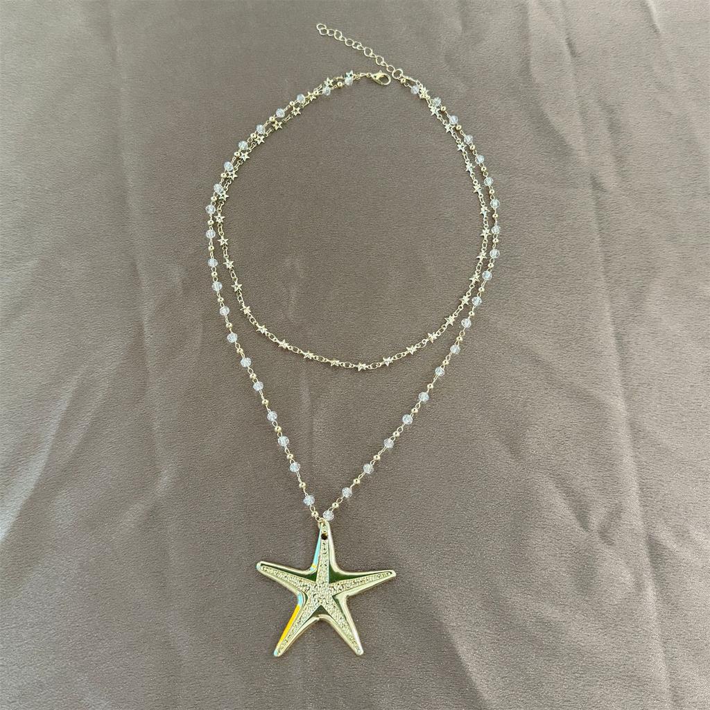 Personality Metal Big Starfish Pendant Necklace for Women Double-layered Star Beaded Chain Necklace Summer Ocean Y2K Jewelry