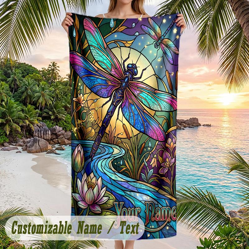 Dragonfly Garden Dream Theme Quick Dry Beach Towel Custom Name Text Print Large Sand Resistant Towel Beach Vacation