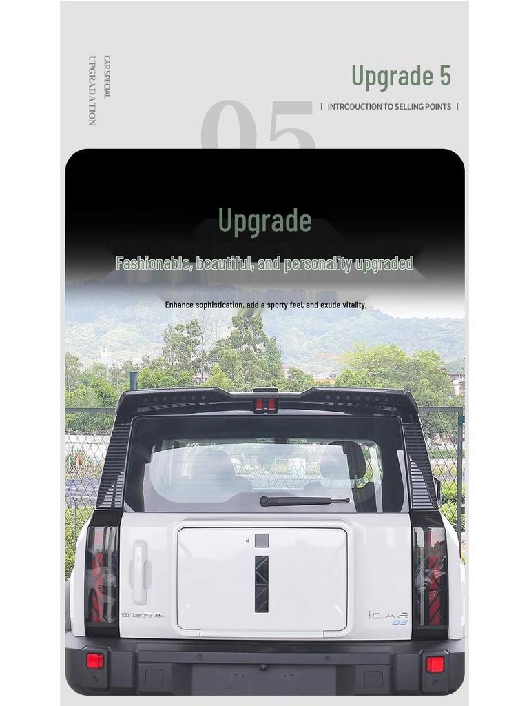 Модификации Chery iCAR03: Заднее крыло, Спойлер, Верхнее крыло, Передний сплиттер, Пороги, Передний сплиттер и Малый боди-кит