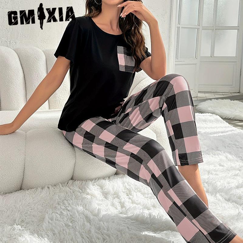 GMXIA Women's Plaid Homewear Pajamas Two Piece Set with Pockets Casual Comfortable Wearable Thin Pajamas