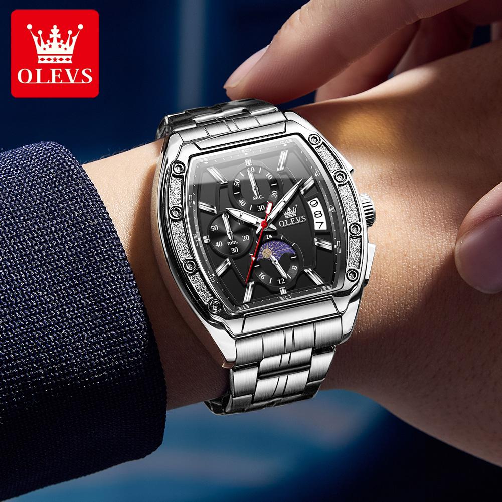 Men Watch Luxury Chronograph Quartz Watch Leather Waterproof Luminous Date Moon Phase Watches for Man Reloj